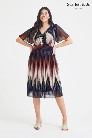 Scarlett & Jo Navy & Burgundy Multi Cleo Geometric Print Knife Pleated Skirt Midi Dress (Q39729) | £95