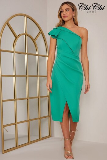 Chi Chi London Green Petite One Shoulder Wrap Detail Midi Dress (Q39924) | £78