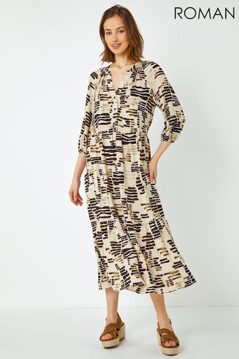Roman Brown Multi Abstract Print Tiered Shirt Dress (Q39972) | £42