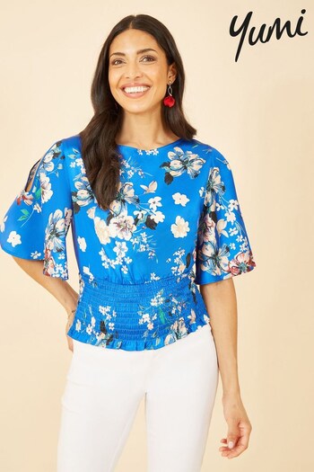 Yumi Blue Floral Satin Top With Angel Sleeves (Q39991) | £45