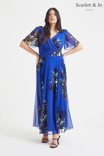 Scarlett & Jo Blue Multi Isabelle Angel Sleeve Maxi Dress (Q39996) | £95