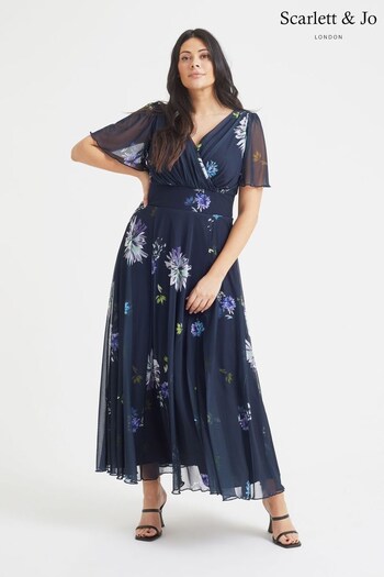 Scarlett & Jo Navy Blue Dandelion Isabelle Angel Sleeve Maxi Dress (Q39997) | £95