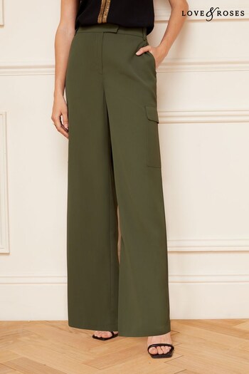 Love & Roses Khaki Green Tailored Cargo Wide Leg Trousers (Q40007) | £39