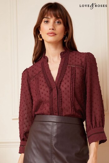 Gifts For Him Burgundy Red Petite Dobby Lace Trim 3/4 Sleeve Button Through Blouse (Q40011) | £36