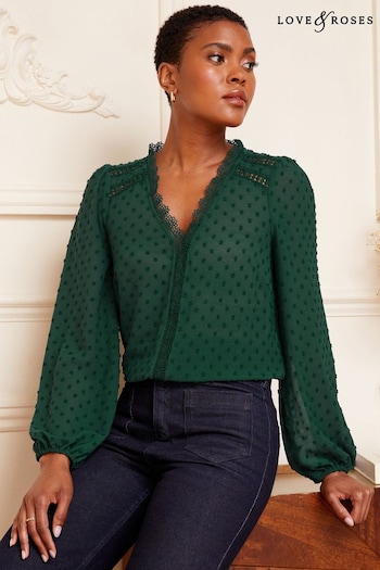 Love & Roses Forest Green V Neck Lace Long Sleeve Lace Trim Dobby Blouse (Q40030) | £35