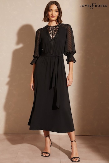 Love & Roses Black Lace Insert Flute Sleeve Jersey Midi Dress (Q40031) | £54