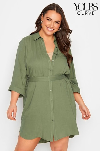 Yours Curve Green Long Tie Belt Farm Shirt Dress (Q40077) | £29