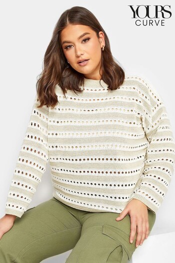 Yours Curve Cream Crop Crochet Stripe Jumper (Q40078) | £27