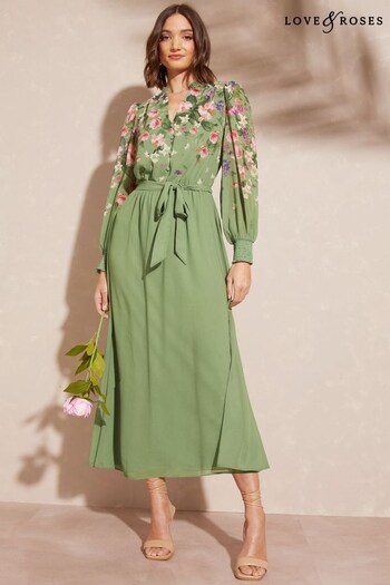 Love & Roses Green Floral Printed Button Belted Long Sleeve Midi Dress (Q40106) | £70