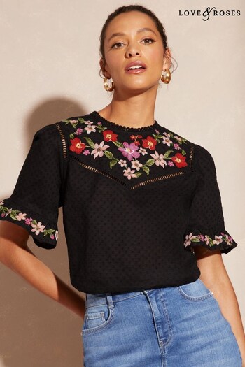 Love & Roses Black Cotton Dobby Embroidered Ruffle Sleeve Top (Q40111) | £36