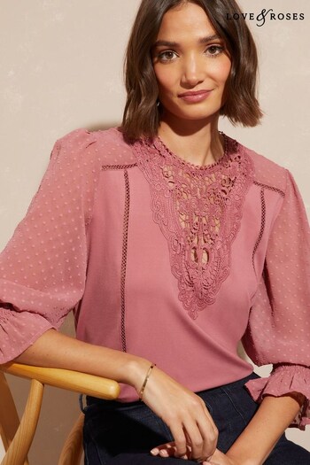 Love & Roses Pink Jersey Mix Lace Insert Flute Sleeve Blouse (Q40112) | £36