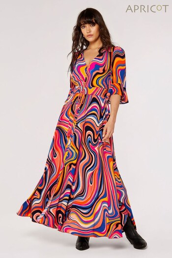 Apricot Orange & Purple Retro Angl Sleeve Tassel Maxi Dress (Q40328) | £42