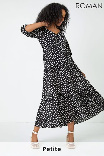 Roman Black & White Petite Polka Dot Tiered Midi Dress (Q40381) | £45
