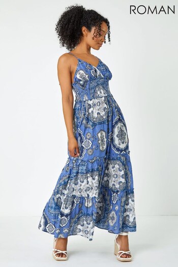 Roman Blue Multi Petite Shirred Waist Tiered Maxi Dress (Q40384) | £45