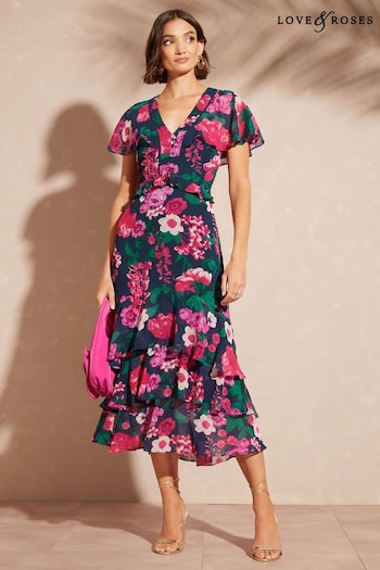 Love & Roses Navy Blue Printed Cape Ruffle V Neck Tiered Midi Dress (Q40615) | £74