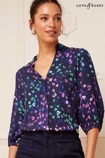 Love & Roses Navy Blue Blue Animal Ruffle V Neck 3/4 Sleeve Button Up Blouse (Q40620) | £36