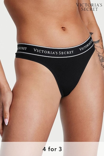 Victoria's Secret Black with Black Band Thong Logo Thong Knickers (Q40690) | £9