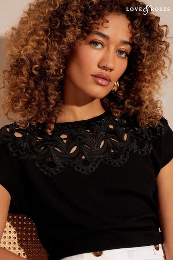 Jackets & Coats Black Lace Trim Fine Guage Knitted Top (Q40762) | £38