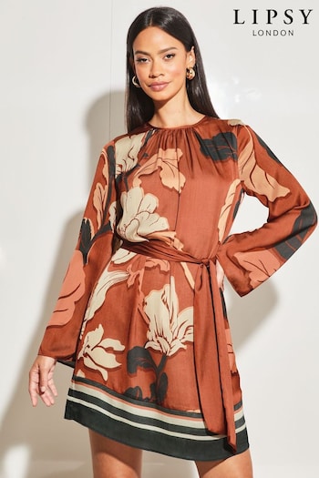 Lipsy Rust Floral Long Flared Sleeve Round Neck Belted Shift Dress Fit (Q40768) | £62