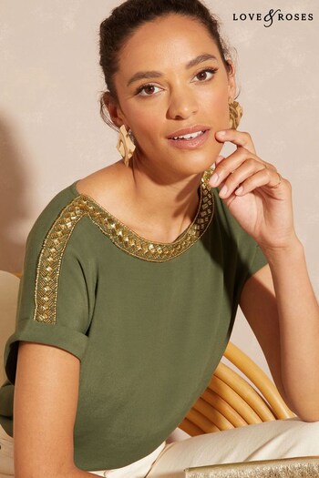 Love & Roses Green Embellished Petite Roll Sleeve Round Neck T-Shirt (Q40770) | £34