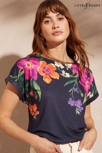 Embroidered Jersey Sweatshirt Navy Floral Roll Sleeve Round Neck T-Shirt (Q40772) | £25