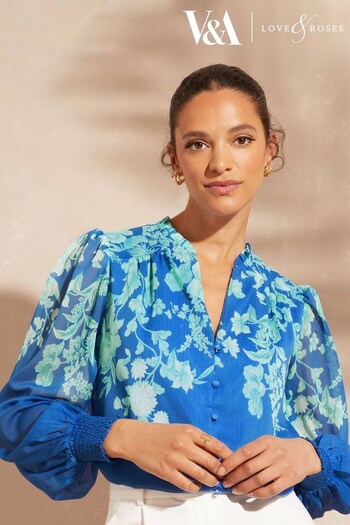 V&A | Love & Roses Blue and Green Floral Printed Sheer Puff Sleeve V Neck Long Sleeve Button Up Blouse (Q40777) | £42