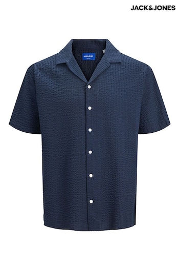 JACK & JONES Navy Blue Seersucker Resort Shirt (Q40784) | £30