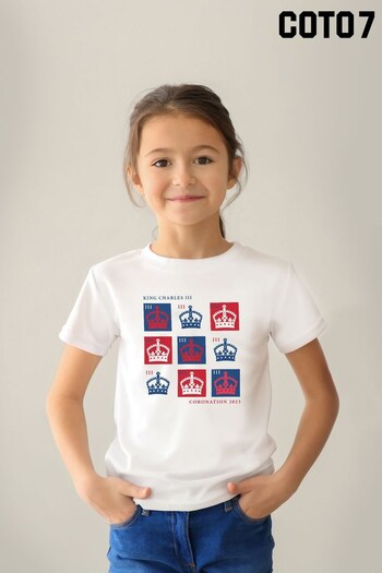 Coto7 White Coronation Crown Print Tiles 2023 Kids T-Shirt (Q40832) | £18