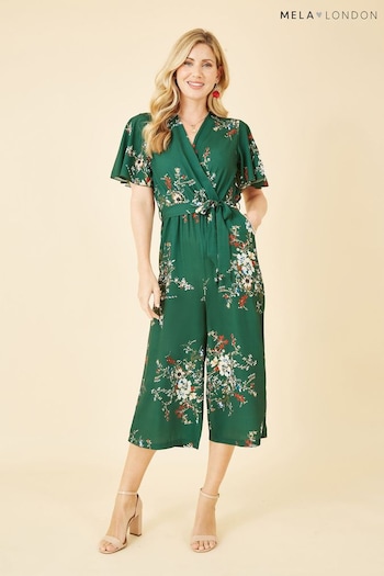Mela Green Floral Print Jumpsuit With Angel Sleeves (Q40901) | £42