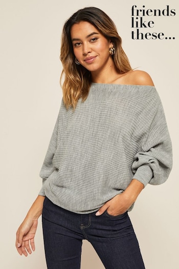 Fireplaces & Surrounds Grey Petite Batwing Knitted Off The Shoulder Jumper (Q40909) | £35