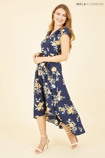 Mela Navy Blue Floral Print Dipped Hem Wrap Dress (Q40919) | £50