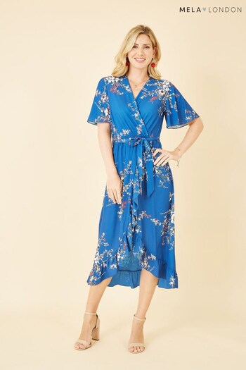 Mela Blue Multi Floral Dip Hem Wrap Midi Dress (Q40920) | £45