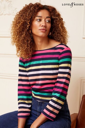 Love & Roses Navy Stripe 3/4 Sleeve Boat Neck T-Shirt (Q40925) | £26