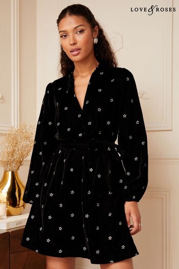 Love & Roses Black Embroidered Velvet Long Sleeve V Neck Belted Mini Dress (Q40931) | £64