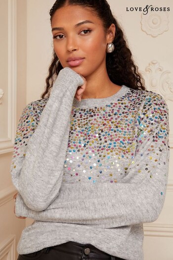 Clear All Filters Grey Scattered Sequin Knitted Crew Neck Jumper (Q40940) | £39