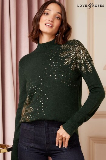 Love & Roses Green Sequin Funnel Neck Knitted Jumper (Q40942) | £44