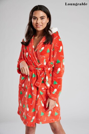 Loungeable Red Christmas Print Dressing Gown Sherpa Hood Lining (Q40962) | £28