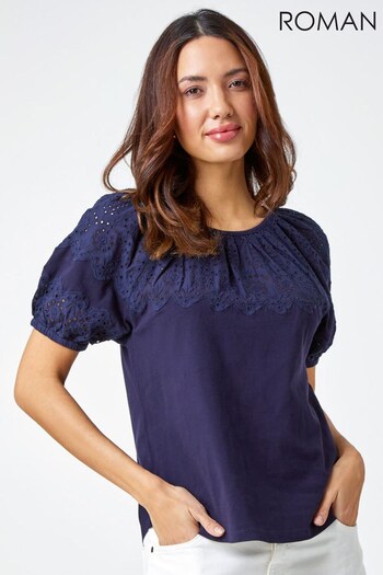 Roman Blue Cotton Broderie Puff Sleeve T-Shirt (Q41014) | £28
