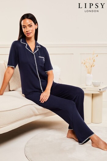Lipsy Blue Printed Jersey Shirt Trousers Pyjamas (Q41015) | £39