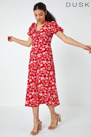 Dusk Red Floral Print Lace Back Midi Dress (Q41030) | £50
