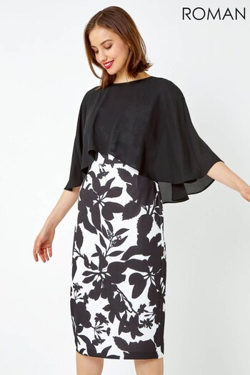Roman White & Black Floral Cape Detail Stretch Dress (Q41052) | £58