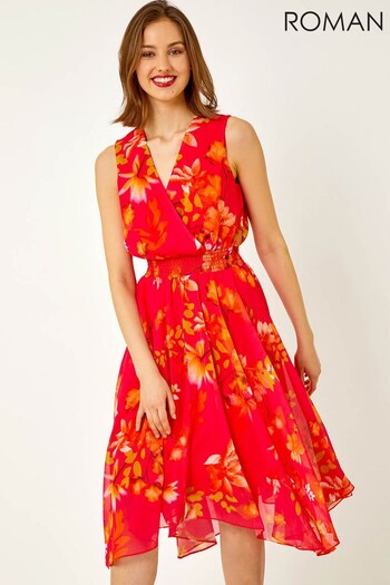 Roman Red Sleeveless Tropical Print Shirred Dress (Q41056) | £55