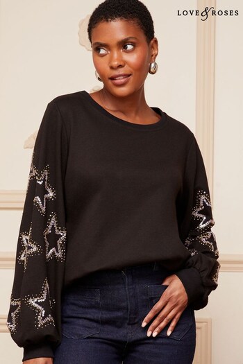 Love & Roses Black Star Sleeve Embellished Sweatshirt (Q41090) | £42