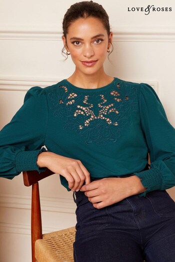 GIFTS & FLOWERS Teal Green Cutwork Embroidered Long Sleeve Jersey Top (Q41091) | £35