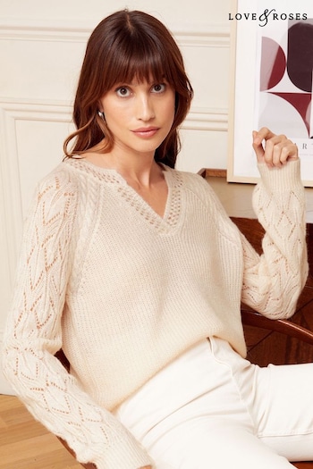 Explore Fit & Measure Guide Ivory White Pointelle Sleeve V Neck Knitted Jumper (Q41098) | £42