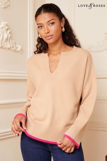 Love & Roses Camel V Neck Long Sleeve Knitted Jumper (Q41099) | £39
