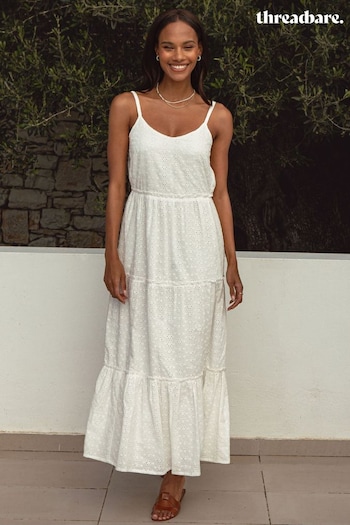 Threadbare White Cotton Broderie Anglasie Strappy Midi Tiered bold Dress (Q41109) | £42