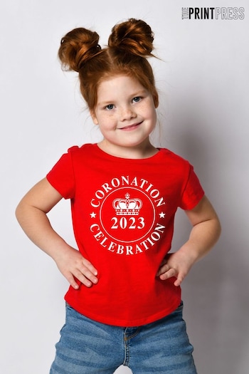 The Print Press Red Coronation Celebration White Logo Kids T-Shirt (Q41183) | £18