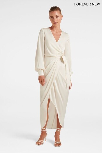 Forever New White Mirella Wrap Satin Midi Dress (Q41190) | £115