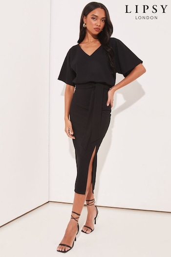 Lipsy Black Petite V Neck Blouson Flutter Sleeve Belted Midi Dress (Q41226) | £38